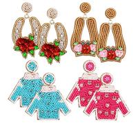 Nosiny 4 Pairs Beaded Derby Earrings Derby Riding Suit Dangle Earrings Kentucky Race Day Horseshoe Earrings Horse Racing Fan Jewelry Horse Racing Accessories