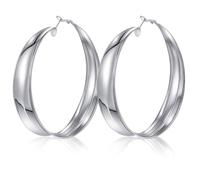 Nosiny Chunky Gold Silver Hoop Earrings for Women Large Statement Wide Flat Metal Circle Fashionable Dainty Daily Wear Given as Gift to Family or Friends, diameter is 3.15 inches/8 cm, Silver, alloy