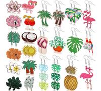 Nosiny Tropical Earrings Bulk for Women Hawaiian Summer Earrings Dangle Green Palm Leaf Coconut Green Plant Pineapple Flamingo Jewelry Gifts for Nature Lover, wooden, metal materials, No Gemstone