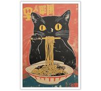 noskisy Vintage Black Cat Eating Ramen Posters Tokyo Ukiyoe Cute Cats Canvas Wall Art Japanese Noodle Quirky Cat Illustration Prints Painting For Home Bedroom Dorm Wall Decor 12x16in Unframed
