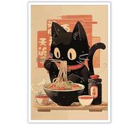 noskisy Vintage Japanese Black Cat Eat Noodle Posters Tokyo Ukiyoe Cute Cats Canvas Wall Art Period Ramen Noodles Prints Painting For Kitchen Home Bedroom Dorm Wall Decor 12x16in Unframed