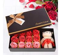 Nosqew 12pcs Rose Flower Soap Flower Plush Bear Romantic Gift Set Elegant Preserved Roses in Box with Soft Teddy Bear Perfect for Valentine's Day Mother's Day Anniversary Wedding (red gradient)