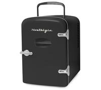 Nostalgia Retro Mini Fridge and Heater 6-Can Capacity, 12-Volt Power Adapter, Carry Handle and Display Window-Perfect for Home, Office, Car, or Dorm Room-Black