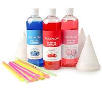 Nostalgia Snow Cone Syrup Variety Pack - 3 Flavors, 16-oz Bottles: Blue Raspberry, Cherry, Cotton Candy - Paper Cups & Colored Spoon Straws - Great for Birthdays, Pool Parties, and BBQs