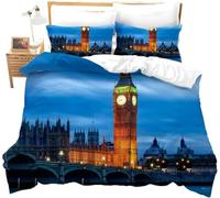 Nostalgic Big Ben Single Duvet Cover Set Modern London Theme Bedding Single Bed Set 3D Print Soft Comfort Microfiber Quilt Cover 150x200 cm with Zipper Closure and 2 Pillowcases Z.1052
