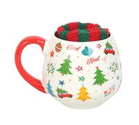 Nostalgic Christmas Print Mug and Socks Set - 500ml Festive Mug with Red Handle & Cozy Stripy Socks - Dishwasher & Microwave Safe - Perfect for Warm Holiday Nights