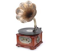 Nostalgic Gramophone,Record Player Retro,Au,for LP with Copper Horn,Turntable All in One Vintage Phonograph - -in USB FM Radio,Bluetooth audio