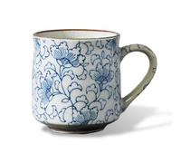 Nostalgic Mino Ware Ceramic Sometsuke Small Mug Cup - Japanese Crafted, Floral Pattern, Comfort Grip Handle, For Coffee and Green Tea or Soup, Matcha Tea, Gift Box Included (Arabesque)