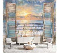 Nostalgic Ocean Beach Wall Mural Wallpaper, Landscape Shutter Wallpaper Decorative Wall Mural for Bedroom Study Living Room Home Decor Photo, 300 x 240 cm(W x H)