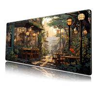 Nostalgic Peaceful Coffee Shop Desk Mat Retro Art Large Gaming Mouse Pad Anime Mousepad Extended XL Green Plants Aesthetic Desk Pad Laptop Keyboard Mouse Mat 31.5"x11.8" Cute Desk Decor