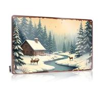 Nostalgic Signs Rustic Wall Poster, Rustic Funny Quote Design For Backyard Bar Garage | Soft Area Anti-rust Metal Snowy Cabin In The Woods With Deer By The River(30X40CM)