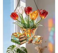 Nostalgic Tulips, Books and Tea Design, Stained Glass Flower 3D Effect Window Ornament, Reading Enthusiast Window Hanging, Tulips Sun Catcher Decor for Book Lover