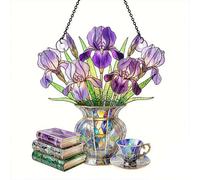 Nostalgic Tulips, Books and Tea Design, Stained Glass Flower 3D Effect Window Ornament, Reading Enthusiast Window Hanging, Tulips Sun Catcher Decor for Book Lover