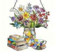 Nostalgic Tulips, Books and Tea Design, Stained Glass Flower 3D Effect Window Ornament, Reading Enthusiast Window Hanging, Tulips Sun Catcher Decor for Book Lover