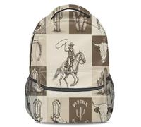 Nostalgic Western Cowboy Print Backpack: Vintage Style Rucksack Travel Daypack, Cactus Horseshoe Earth Tone Hand-Painted Grid 16 Inch (print 1)