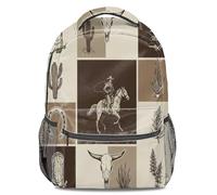 Nostalgic Western Cowboy Print Backpack: Vintage Style Rucksack Travel Daypack, Cactus Horseshoe Earth Tone Hand-Painted Grid 16 Inch (print 3)
