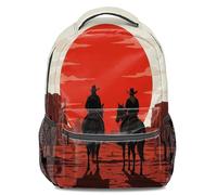 Nostalgic Western Cowboy Print Backpack: Vintage Style Rucksack Travel Daypack, Cactus Horseshoe Earth Tone Hand-Painted Grid 16 Inch (print 5)