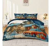Nostalgic Winter Town Double Sided Duvet Cover Set - Comfy Microfiber 3-Piece,Reversible Bedding Queen (200 x 230) cm with Zipper Closure (ys) Dark