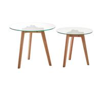 Nostra Natural Oak Wood Set of 2 Side Tables with Glass Tops