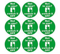 Not in use switch it off - Pack of 9 - Energy saving signs - 50mm diameter - Remind people to save energy by switching off equipment when not in use