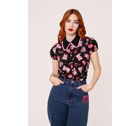 Hell Bunny Not Into You Blouse - Black & Pink Retro Print Top, Peter Pan Collar, Black, M