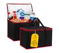 (Not Made In China) Insulated Food Delivery Bags, Reusable Grocery Bag, Catering, Thermal Insulation Tote for Hot and Cold, Uber Eats and Doordash (2 Pack, Black W/Red Trim, 3X-Large)