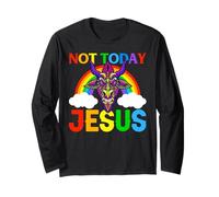 Not Today Jesus Evil Goat Design with Rainbow and Clouds Long Sleeve T-Shirt