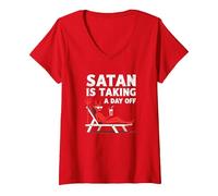 Not Today Satan: Vacationing Devil Sips Cocktail V-Neck T-Shirt, Women, Red, S