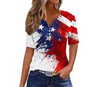 Notch V Neck Short Sleeve T-Shirts for Women Funny American Flag Design Tie Dye Print Pullover Tops Tshirt Casual Loose-Fit Base Layer Tee Shirts My Orders 2025 Multicolor