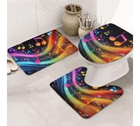 Note Rotating Beam Print 3 Piece Bathroom Rugs Set, Bath Mat + Contour Mat + Toilet Seat Cover, Machine Washable Non-Slip Soft Microfiber Bathmat For Tub Shower Room Decor