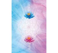 Notebook blue pink sacred geometry and flowers on cover: 120 blank pages with sparkle design on the corners of each page. Seed of Life design on cover.