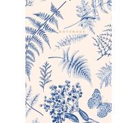 Notebook: Desk Size Hardcover Lined Journal | 256 Ruled Pages | 7 x 10 Inches | Vintage Fern, Butterfly & Floral Pattern | Blue & Cream | Recycled Paper