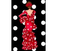 Notebook: Flamenco Dancer Macarena in Red Dress - 6 x 9 in (15.24 x 22.86 cm) - 120 Lined Pages - Glossy Cover - Black Background with White Polka Dots
