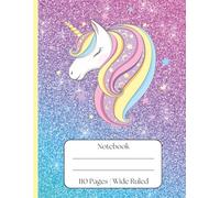 Notebook for girls/women/kids with colourful sparkly background and bold unicorn design. Large notebook. 8.5 x 11 inches. 110 wide ruled pages