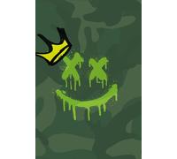 Notebook Journal, featuring a unique droopy smiley face element, set against army-inspired background.: Filled with lined pages and interactive elements that creates the best writing experience