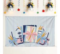 Notebooks Backdrop, Playful Colorful Pencils Bows Back to Campus Blue Photo Background for Home Room Wall Celebration Display Decor 71x43 Inch