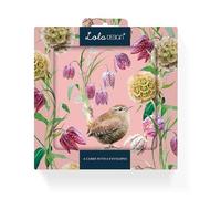 Notecard pack of 6x cards by Lola Design - Wren Design 125x125mm and Blank Inside for your own message, with Grey Envelopes included - Made in the UK