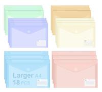 NOTEZMATE 18 Pack A4+ Plastic Wallet Folders, Document Envelopes Folders with Hook and Loop Closure and Label Pockets, 6 Pastel Colours Document Wallets Ideal for School Home Office Supplies