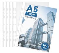 NOTEZMATE Pack of 100 A5 Transparent Wallets, Sturdy, Extra Strong 160µ, Grained, Foil Sleeves DIN A5, Document Wallets with 7 Holes, Open at the Top, for Brochures, Documents, Papers, Files and