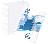 NOTEZMATE Pack of 50 A4 Transparent Pockets Open Sides 11 Hole Punched Document Sleeves DIN A4 with Flap (240µ Extra Strong), Plastic Sleeves Crystal Clear, Transparent Transparent Files for Documents