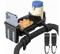 NOTEZMATE Stroller Snack Tray Universal,3 in 1 Universal Stroller Tray with Snack Cup Phone Holder with 2pc Hook,[Flexible] Arms Grip Stroller Bar Stays in Place,Removable Stroller Accessory,Black