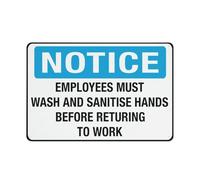 Notice Employees Must Wash And Sanitise Hands Before Returning To Work 12 X 8 Inches Aluminum Metal Warning Signage With Symbol For Indoor Outdoor Use