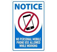 Notice, No personal mobile phone use allowed while working, safety sign - Self adhesive sticker (600mm x 400mm)