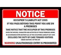 Notice, Occupier's liability act 1995 - Self adhesive sticker (300mm x 200mm)