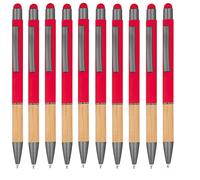 noTrash2003 10 Ergonomic Ballpoint Pens with Metal Tip and Bamboo Grip Zone and Touch Function 10 Colours Retractable Ballpoint Pen Multicoloured Blue Ink (Red)