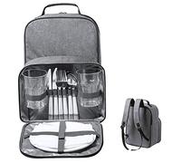 noTrash2003 Insulated Picnic Backpack (Grey) - Recycled PET Material, 2 Person Bag with Cooler Compartment, Stainless Steel Cutlery Set, Napkins, Plates and Glasses