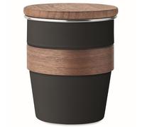 noTrash2003 Stylish 350ml Reusable Recycled Stainless Steel Mug with Walnut Handle & Lid - Single Wall Coffee-to-Go Mug - 90% Recycled Stainless Steel - 4 Colours Available (Black)