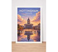 Nottingham England Travel Poster, Vintage Style Art Print, Sunset Sky with Building Reflection. Size A4