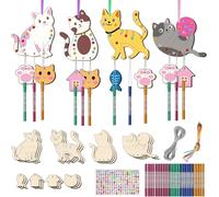 Nourdom 12 Pack Wind Chime Kit for Kids, Cat Make Your Own Wood Wind Chimes for Kids DIY Coloring Cat Ornaments Craft for Party Supplies Home Decoration