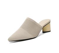 NourIron Women’s Knit Closed Pointed Toe Chunky Heel Mules Fashion Mesh Breathable Low block Heel Pump Sandals Comfortable Slip On Dress Party Shoes, Apricot-2, 5.5